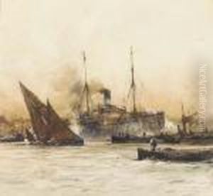 A Steam Boat With Barges In The Foreground by Charles Edward Dixon