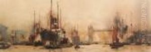 The Pool Of London, Tower Bridge With St. Paul's Beyond by Charles Edward Dixon