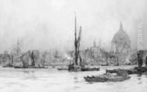 Barges On The Thames Before St. Paul's Cathedral by Charles Edward Dixon