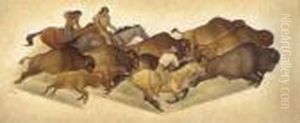 Running Buffalo With Hunters: Sketch For A Mural by Maynard Dixon