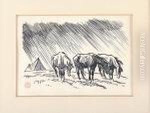 Horses In The Rain # 2 by Maynard Dixon