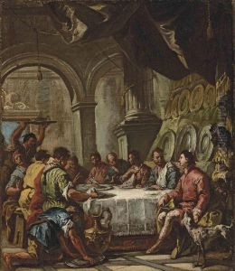 A Banquet In A Palatial Interior by Gaspare Diziani