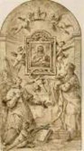 An Image Of The Madonna And 
Child Supported By Putti And Adored Bysaints Including Saint Filippo 
Neri And Saint Mary Magdalene by Gaspare Diziani