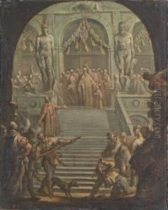 A View Of The Scala Dei Giganti 
In The Ducal Palace, Venice, Seen Through The Porta Della Carta, With 
The Senators Crowning A New Doge - A Bozzetto by Gaspare Diziani