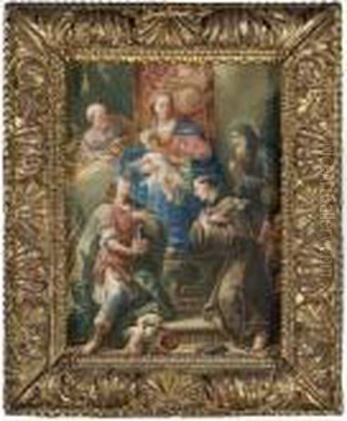 The Madonna And Child Enthroned
With Saints Joseph, Anthony Of Padua, Francis Of Paola, And A Young
Martyr Warrior Saint, Possibly Saint Florian, Holding A Model Of A Town - view 1