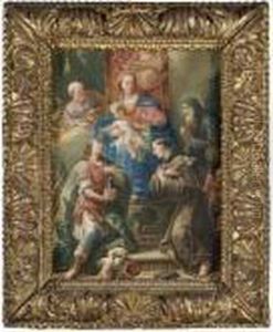 The Madonna And Child Enthroned 
With Saints Joseph, Anthony Of Padua, Francis Of Paola, And A Young 
Martyr Warrior Saint, Possibly Saint Florian, Holding A Model Of A Town by Gaspare Diziani