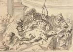 Satyrs And Warriors Threatening A Bound Captive by Gaspare Diziani
