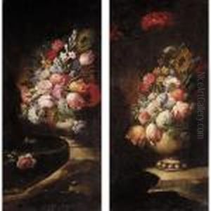 Still Lifes Of Various Flowers In Vases Resting On Flat Stones by Gaspare Diziani