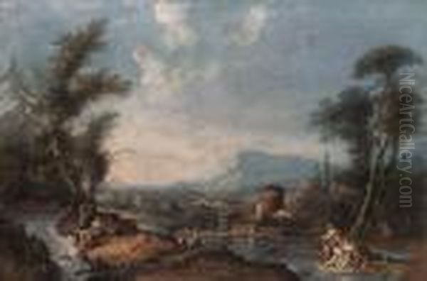 A Classical Landscape With A
Fisherman, A Washerwoman, A Mother Andchild And Other Figures By A
River, A Waterfall Beyond; And Aclassical Landscape With Diana And Two
Nymphs On An Island, A Childwith A Goat And A Woman Washing At A
Waterfall - view 1
