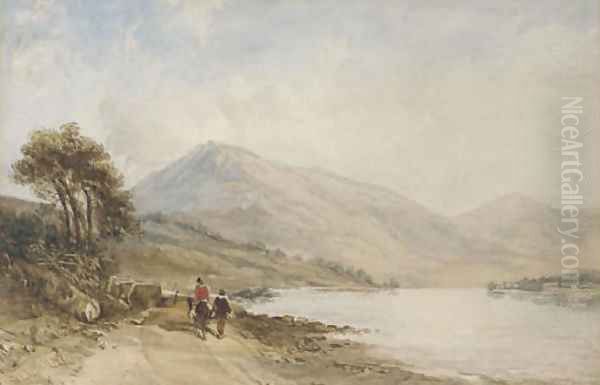 Travellers walking alongside a lake - view 1