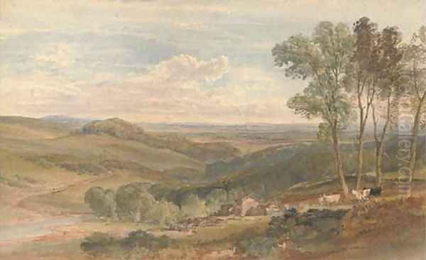 View over a farmstead, a rolling valley beyond - view 1
