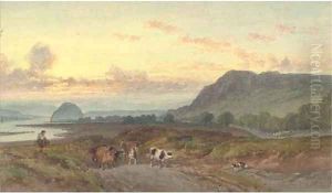 A drover with his cattle by the Clyde, Dumbarton Rock beyond