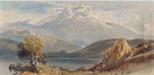 A lake before snow-capped mountains by William Leighton Leitch