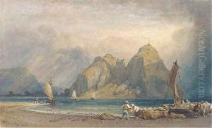 Fishermen on the beach before Dumbarton Rock