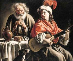 A young man playing a guitar and an old man playing a pipe in an interior by Mathieu Le Nain