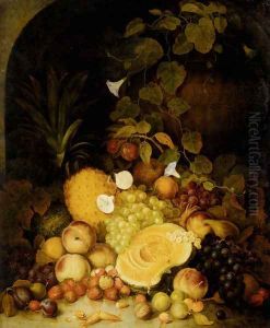 Still Life With Peaches, Plums, Strawberries And Tropical Fruits In An Architectural Miche by George Lance