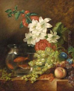 Grapes, lilies, hollyhocks, convolvulus, cobnuts, redcurrants, a peach and goldfish in a bowl, on a marble ledge