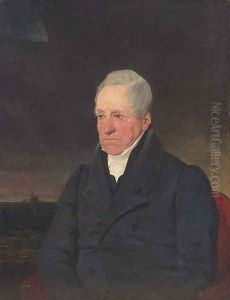 Portrait of William Curling Esq., seated half-length, in a black coat, with a seascape and ship beyond by George Lance
