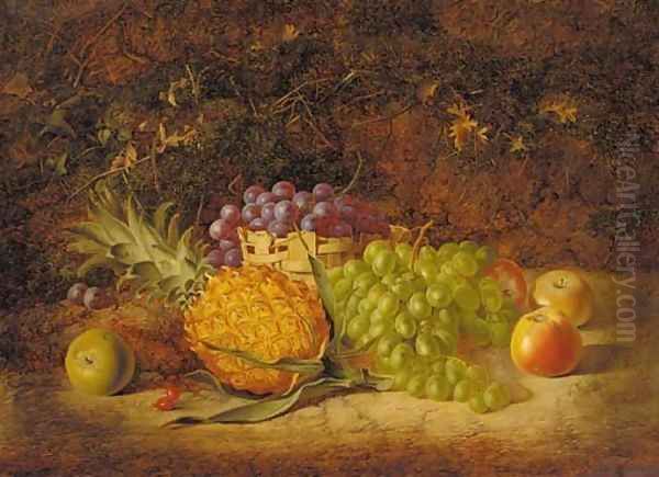 Apples, a pineapple, and grapes in a wicker basket, on a mossy bank - view 1