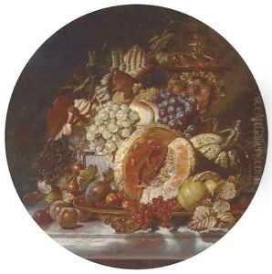 Grapes, cherries, plums, gooseberries and melons on a silver platter with a bejewelled cup and cover on a ledge by George Lance