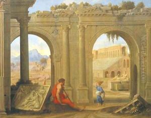 Figures amongst classical architectural ruins by Jean Lemaire