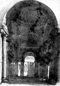 The interior of a vaulted arcade looking onto a colonnaded court