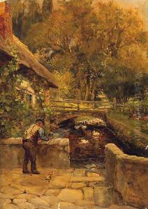 Ducks On A Stream By A Cottage In A Wooded Landscape