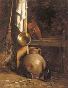 An earthenware jug, a bottle, copper pans and a broom in the corner of a barn