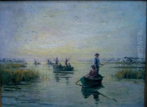 Coucher De Soleil Sur Les Barques Camarguaises