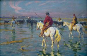 Gardians A Cheval Escortant Les Taureaux by Edouard Doigneau
