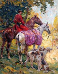 French Huntsman On Horseback,
With Hunting Horn Over Shoulder And Three Dogs To The Foreground by Edouard Doigneau