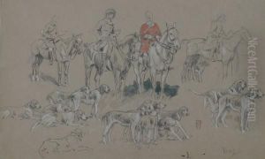 A Pair Of Drawings Depicting Hunting Scenes by Edouard Doigneau