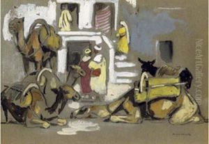 Chameaux Dans Les Souks De Marrakech by Edouard Doigneau