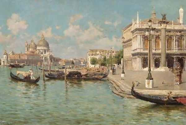 Gondoliers by St Mark's Square with Santa Maria della Salute beyond - view 1