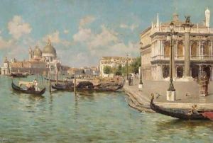 Gondoliers by St Mark's Square with Santa Maria della Salute beyond