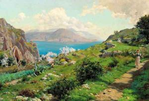 Farmgirls walking on the cliff tops, Capri by Augusto Lovatti