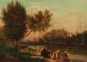 Washerwomen on the banks of a river