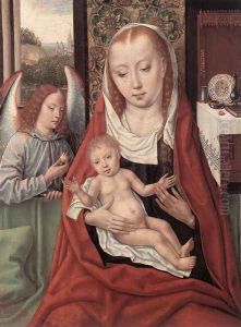 Virgin and Child with an Angel 1480-1500 by Master of the Legend of St. Ursula