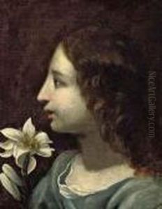 Portrait Of A Girl, Bust-length, In A Blue Dress, Holding Alily