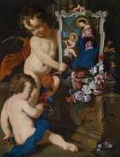 Due Putti Con Quadro Della
Madonna Con Gesu Bambino E Fiori Accanto A Un Frammento Di Muro Barocco - view 1