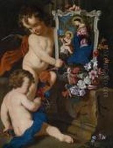 Due Putti Con Quadro Della 
Madonna Con Gesu Bambino E Fiori Accanto A Un Frammento Di Muro Barocco by Carlo Dolci