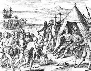 Sir Walter Raleigh 1554-1618 trying to establish friendship with King Arromaia of Guiana by Jacques le Moyne de Morgues