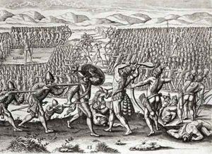 Outina defeats Patanou with the aid of the French Florida by Jacques le Moyne de Morgues