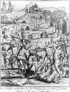 The Indians attacking the priests and others and setting fire to their houses by Jacques le Moyne de Morgues