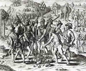 Spaniards receiving gifts from Indians by Jacques le Moyne de Morgues