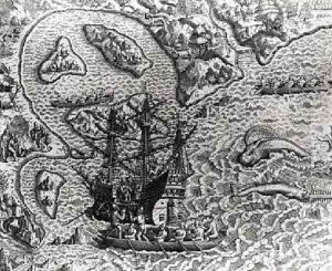 Johannes Staden arrives at an unknown island to find that the Portuguese are already there by Jacques le Moyne de Morgues