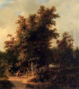A Wooded Landcsape With Travellers On A Sandy Track by Cornelis Lieste