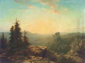 A panoramic view of a valley with a ruin at sunset by Cornelis Lieste