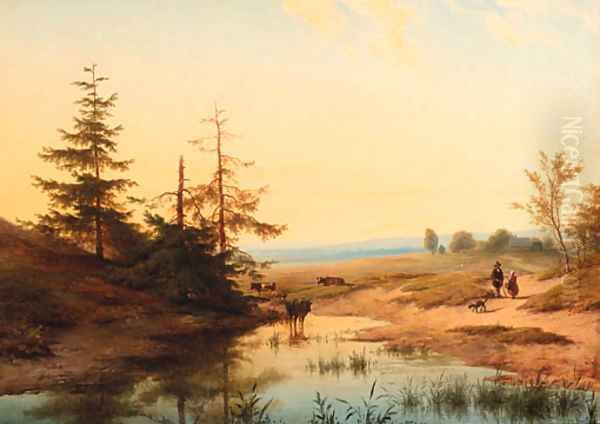 Cattle watering in an extensive landscape - view 1