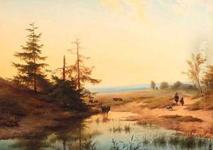 Cattle watering in an extensive landscape by Cornelis Lieste